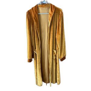 Duster Women Gold Yellow Velour Open Front Cardigan XL Long Sleeve Pockets